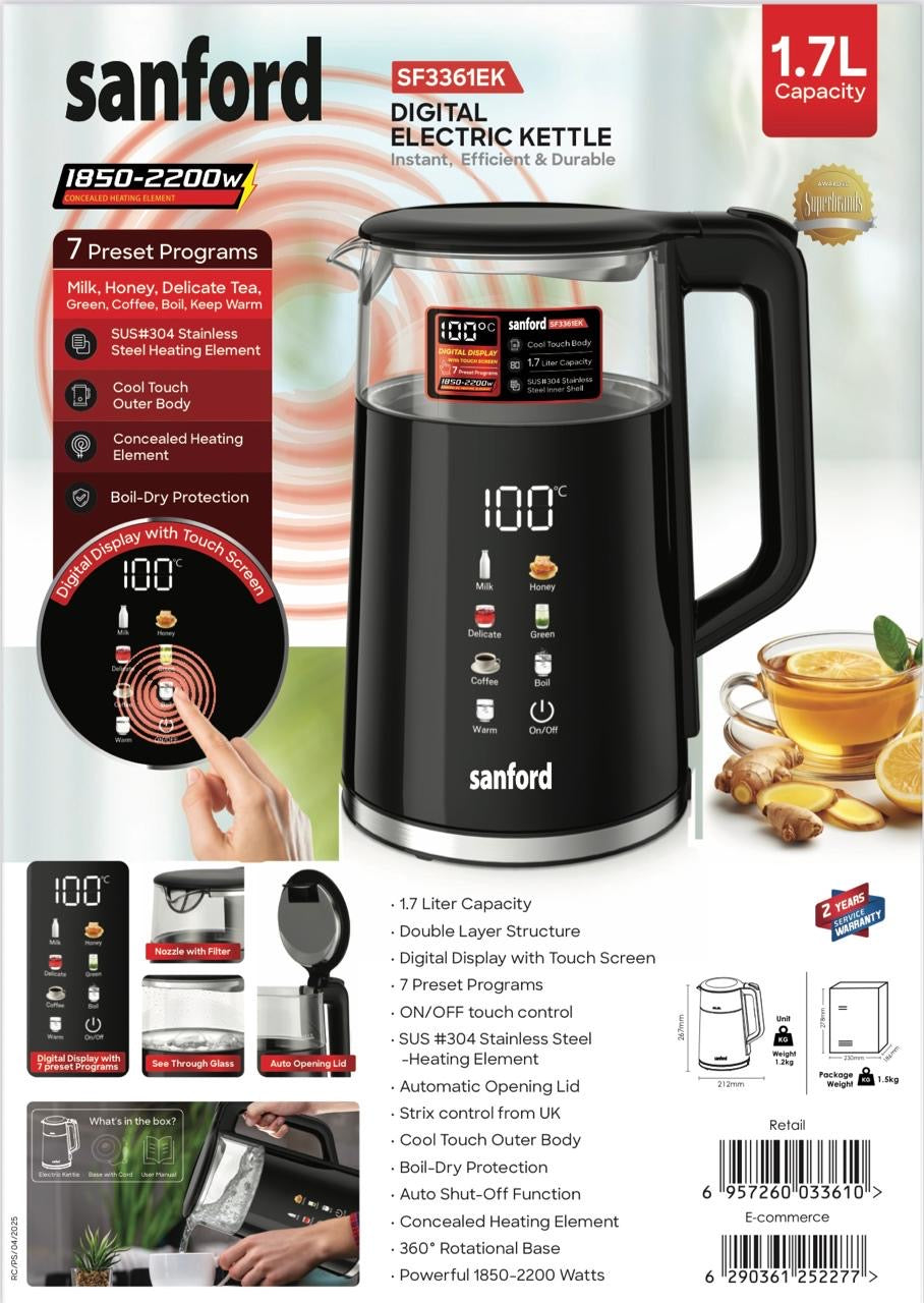 Sanford Premium 1.7L Smart Kettle 1850W-2200W Double Layer Cordless Electric Kettle with Digital Touch Screen, Auto Lid, 7 Preset Programs & Keep Warm 304 Stainless Steel Heating Element