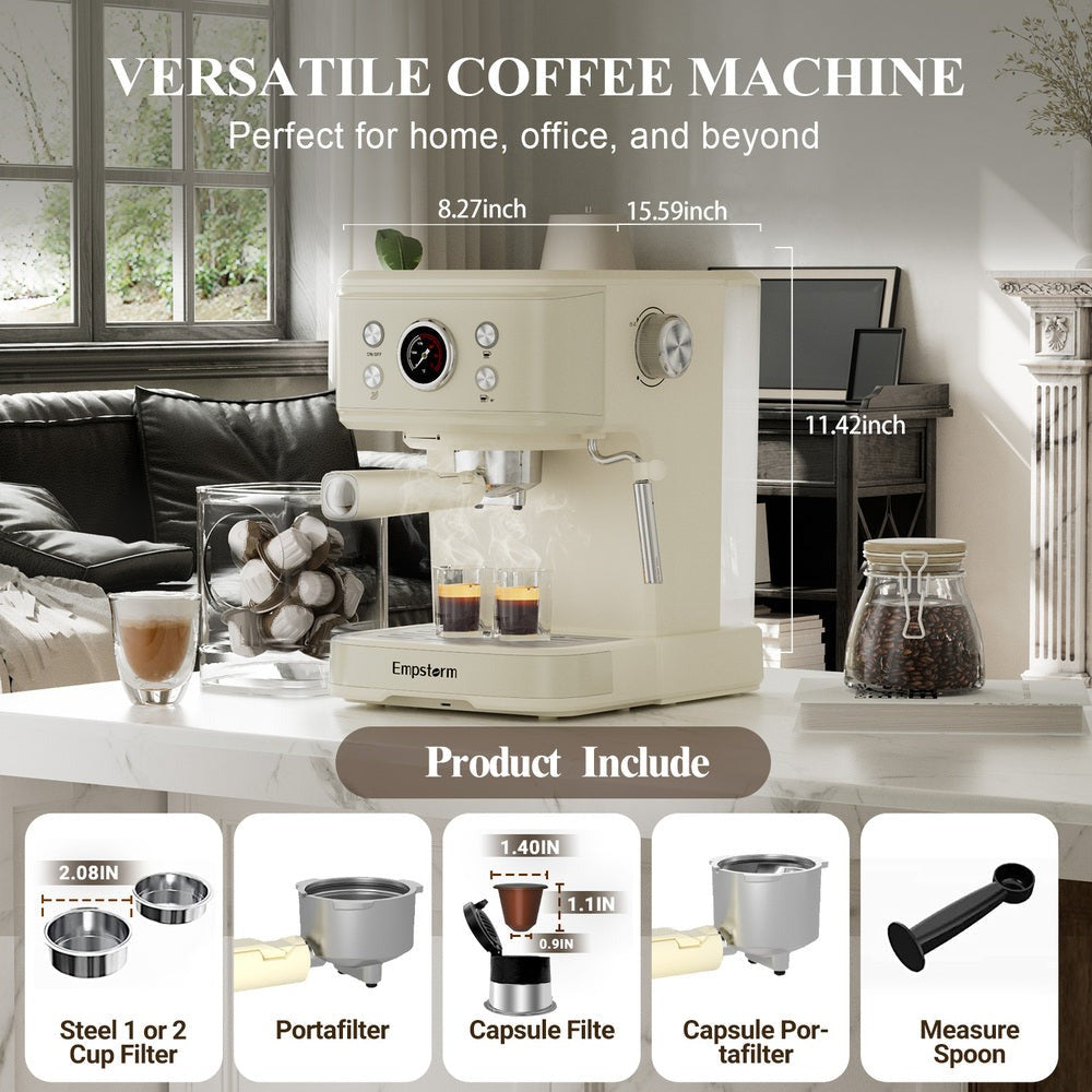 EmpstormĀ® Espresso Machine 20 Bar EM-04E | Semi-Automatic Coffee Maker with Milk Frother