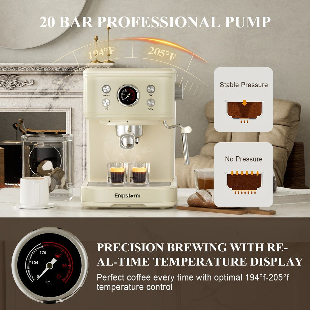 EmpstormĀ® Espresso Machine 20 Bar EM-04E | Semi-Automatic Coffee Maker with Milk Frother