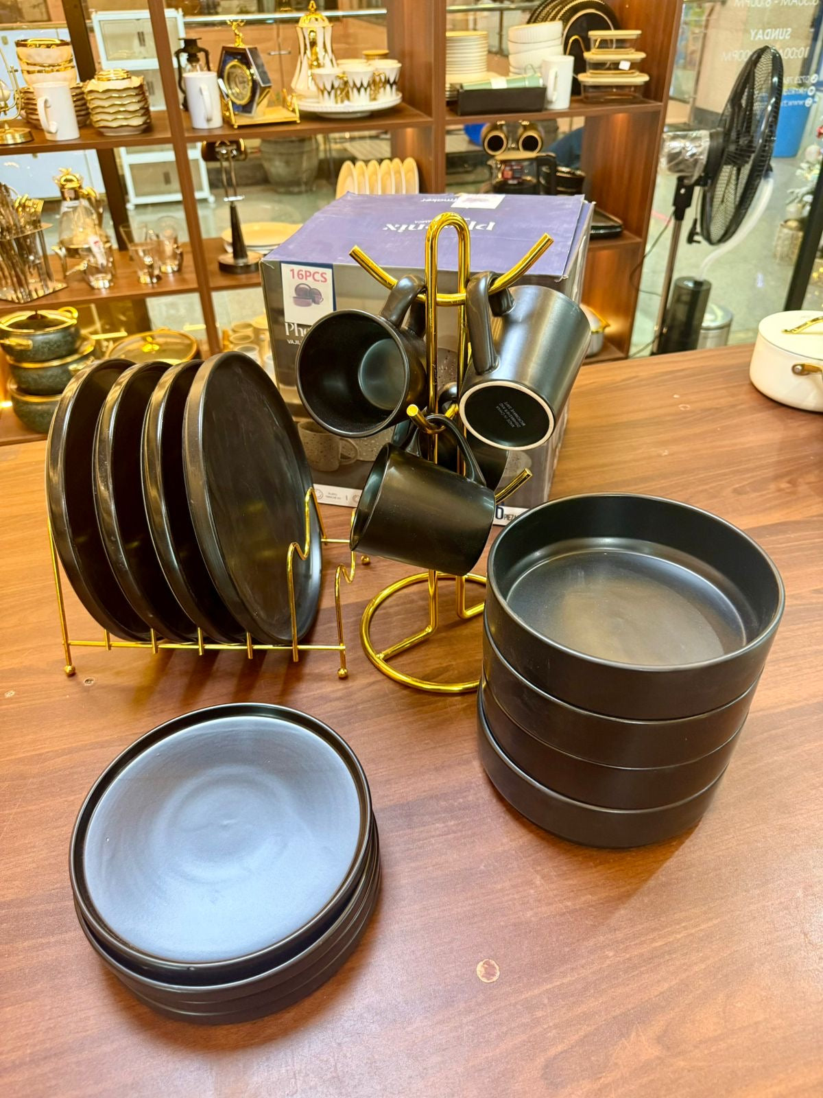 16-Piece Black Ceramic Dinner Set | Elegant Stoneware Plates, Bowls & Cups | Homelux Kenya