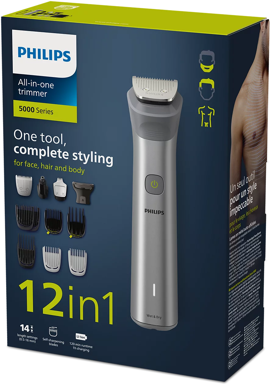 Philips 5000 Series Multi Grooming Set 10-in-1 - Face Head & Body, BeardSense Technology, Self-Sharpening Steel Blades