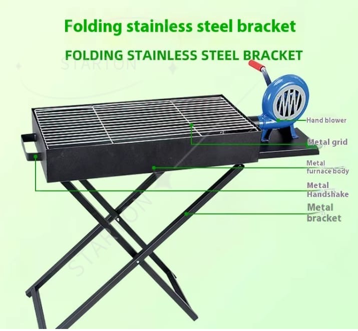 Folding Charcoal BBQ Grill with Manual Air Blower – Portable