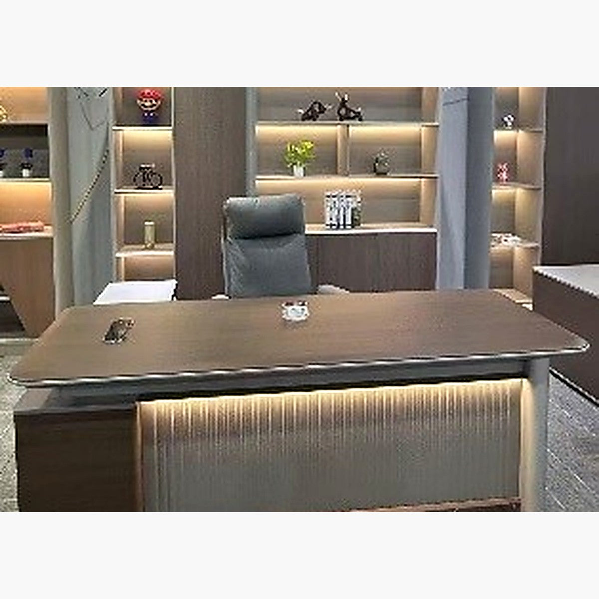 Executive office desk 1.8m with side return and ribbed front panel, dark walnut and grey