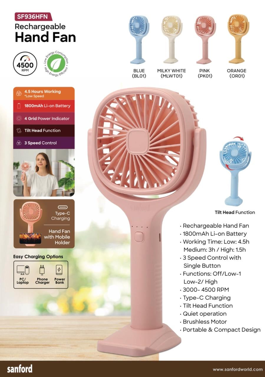 Sanford Rechargeable USB Hand Fan 3 Speed Control, 4.5 Hours Long Run Time – Portable Folding Fan for Home, Office, Outdoor, Events