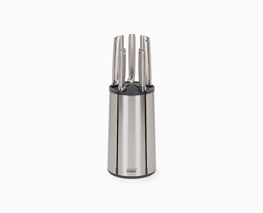 Joseph Joseph Elevate Steel Knives Carousel five-piece set with all knives on the rotating block