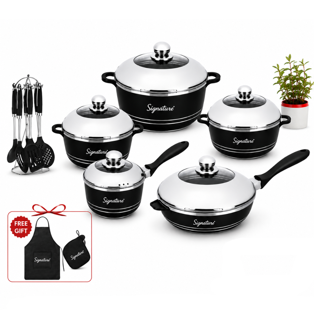 Signature Imperial 21pcs Nonstick Cookware Set with Free Gift – 20/24/28cm Casseroles, 28cm Fry Pan, 16cm Saucepan