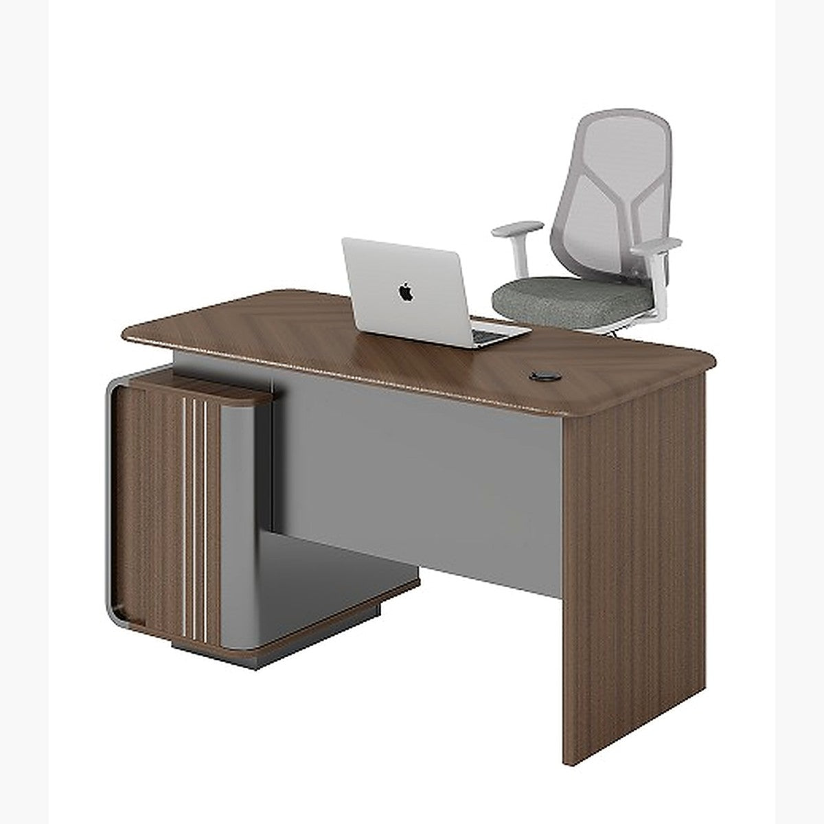 Office desk 1.4m with fluted side cabinet and open shelf, walnut and grey
