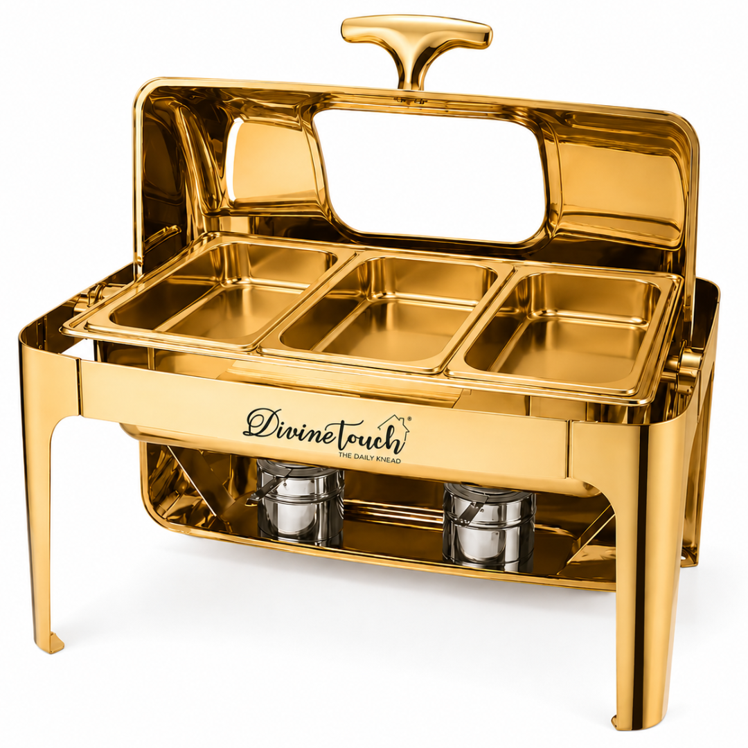Divine Touch 9L Stainless Steel Gold Rectangle Rolltop Chafing Dish with Visual Window - DT-923G Triple