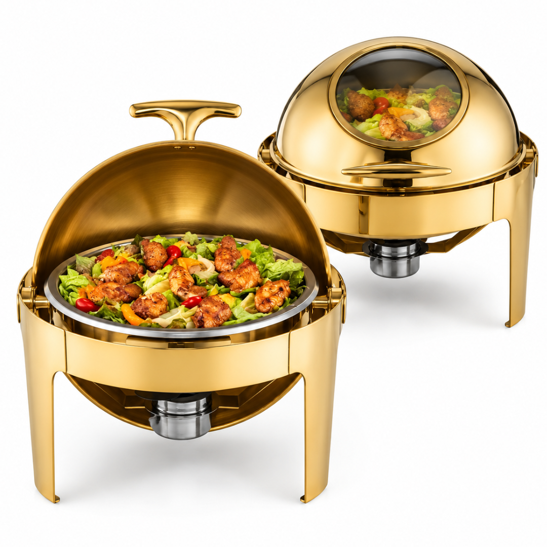 Divine Touch 6 Ltr Stainless Steel Round Rolltop Chafing Dish with Visual Window - Silver & Gold (DT-621 / DT-621G)