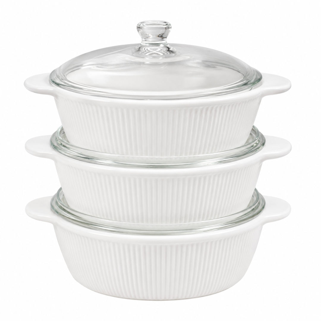 Divine Touch Opalware White Glass Casserole Set with Clear Glass Lid - 3 Pcs (1200/1700/2200ml)