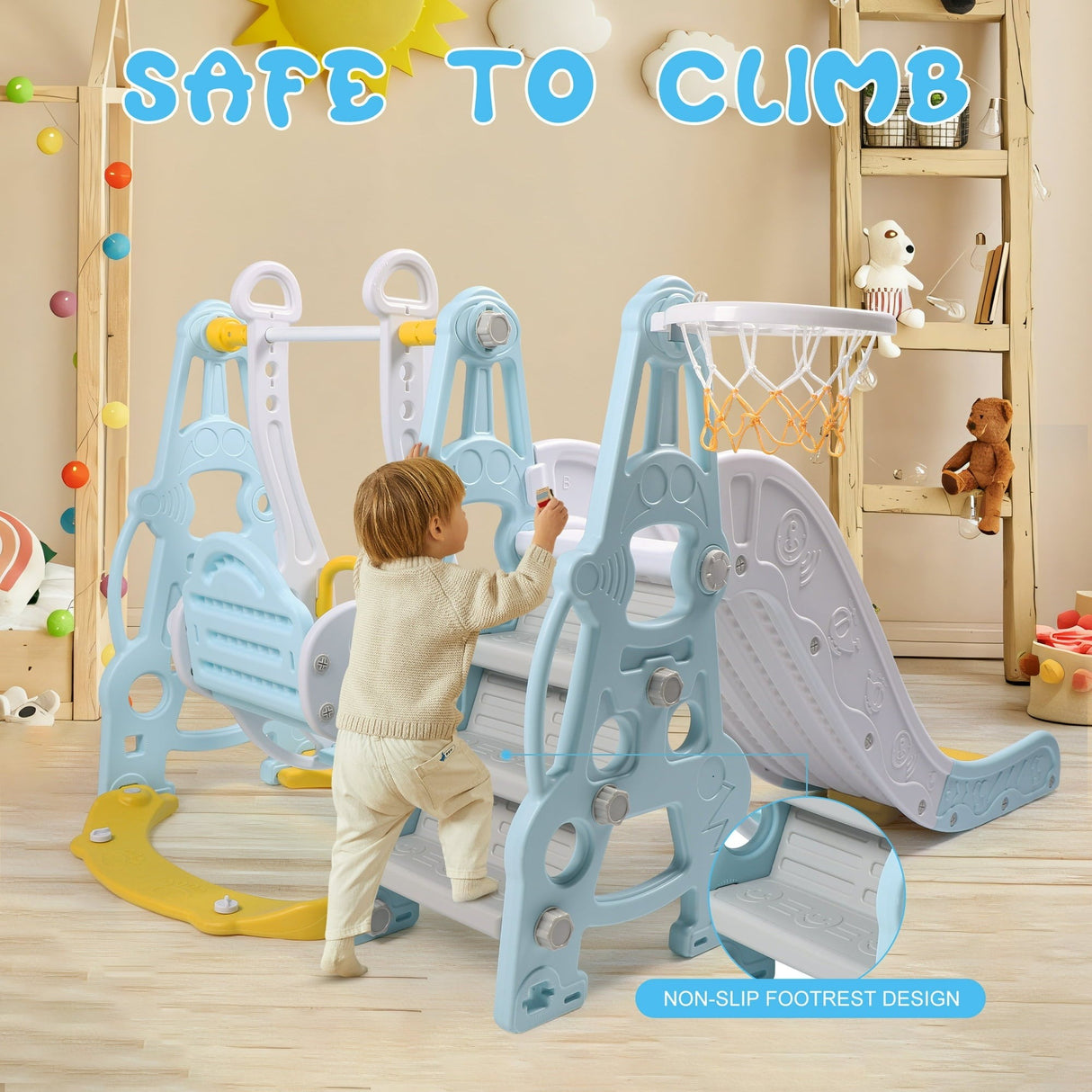 4-in-1 Toddler Playground Set Swing, Slide, Climber, and Basketball Hoop Backyard and Indoor Playset for Boys and Girls,Easy to Assemble Blue Play Equipment for Kids