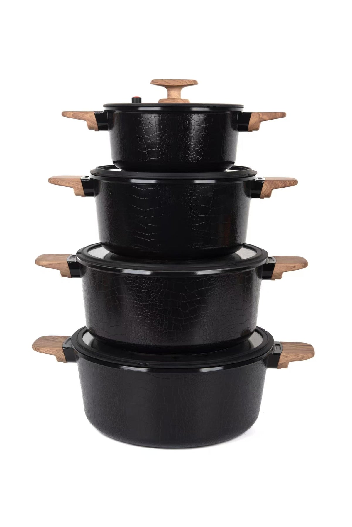 MGC Crocodile 8 piece ceramic casserole set in black, stacked