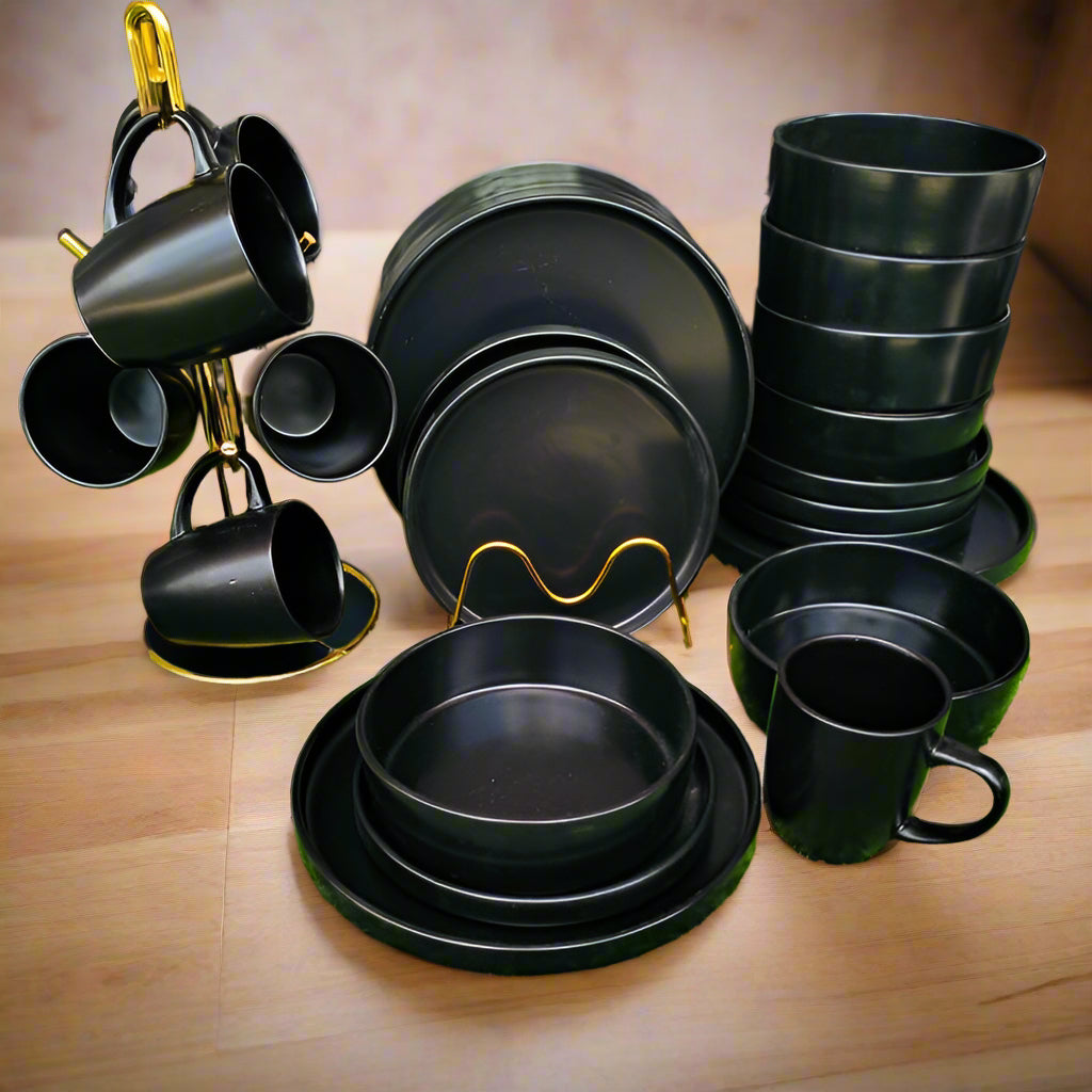 24-Piece Elegant Black Leaf Dinner Set – Plates, Bowls & Cups for 6