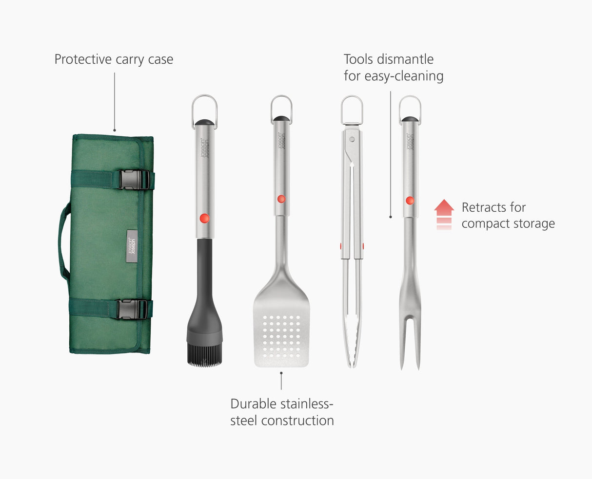 The complete Joseph Joseph GrillOut 4-piece BBQ utensil set with case, ready for the grill.