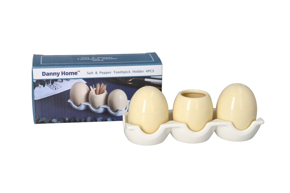 Danny Home Ceramic Salt & Pepper Shaker Set with Toothpick Holder (4pcs) | Dining Table Seasoning Set
