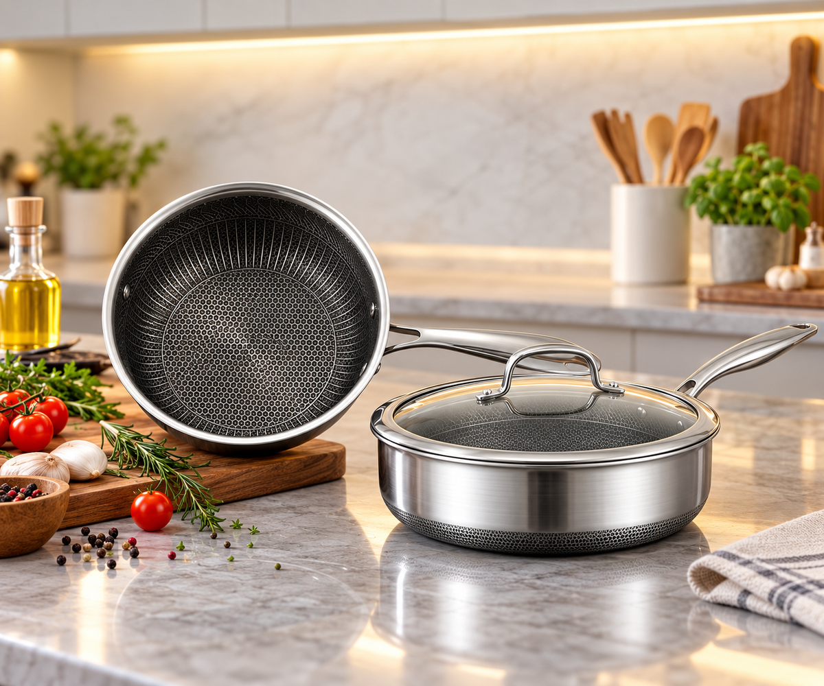 UccLife Triply Stainless Steel Deep Frying Pan with Glass Lid 24cm or 26cm, Honeycomb Non Stick Saute Pan, Induction Safe