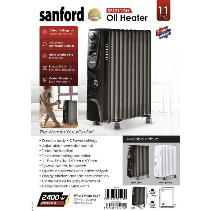 Sanford 2400W Oil Heater with 11 Fins – Fast-Heating Radiator with Thermostat, Overheat Protection & Carry Handle – Safe Room Heater for Bedroom, Office