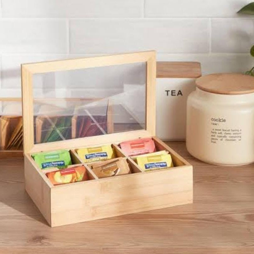 Bamboo Tea Bag Organiser & Storage Box, 6-Slot Wooden Tea Bag Holder, Tea Bag Caddy & Dispenser, Water Resistant Tea Bag Tray for Kitchen Counter