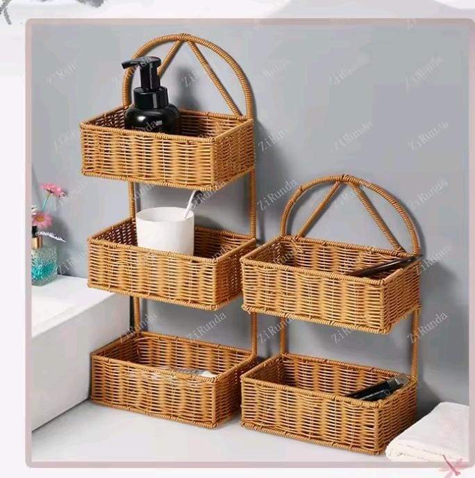 3-Tier Rattan Shower Caddy & Bathroom Organiser – Hanging Over Shower Head, Hand Woven Water Resistant