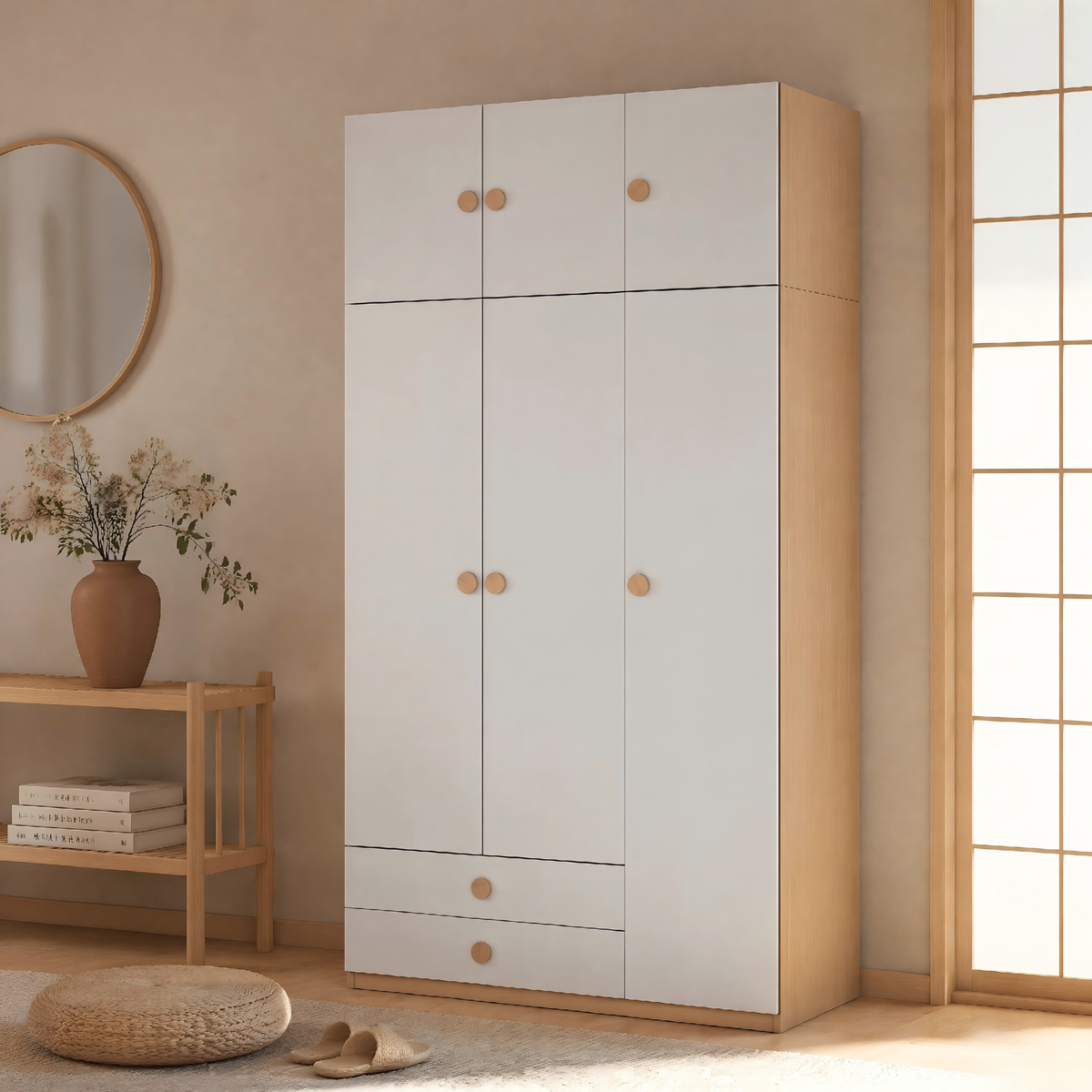 Steel Wardrobe 3 Door 120cm with 2 Drawers, Wood Effect Sides | Metal Wardrobe with Round Knobs, Optional Top Cabinet