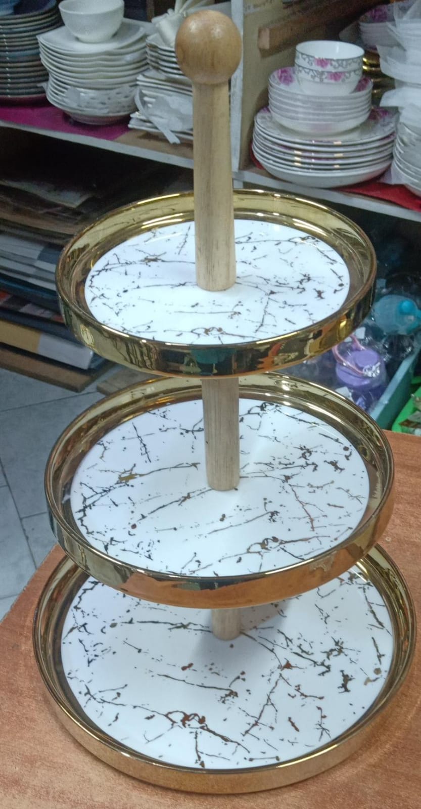 3 layer gold marble cake stand with bamboo