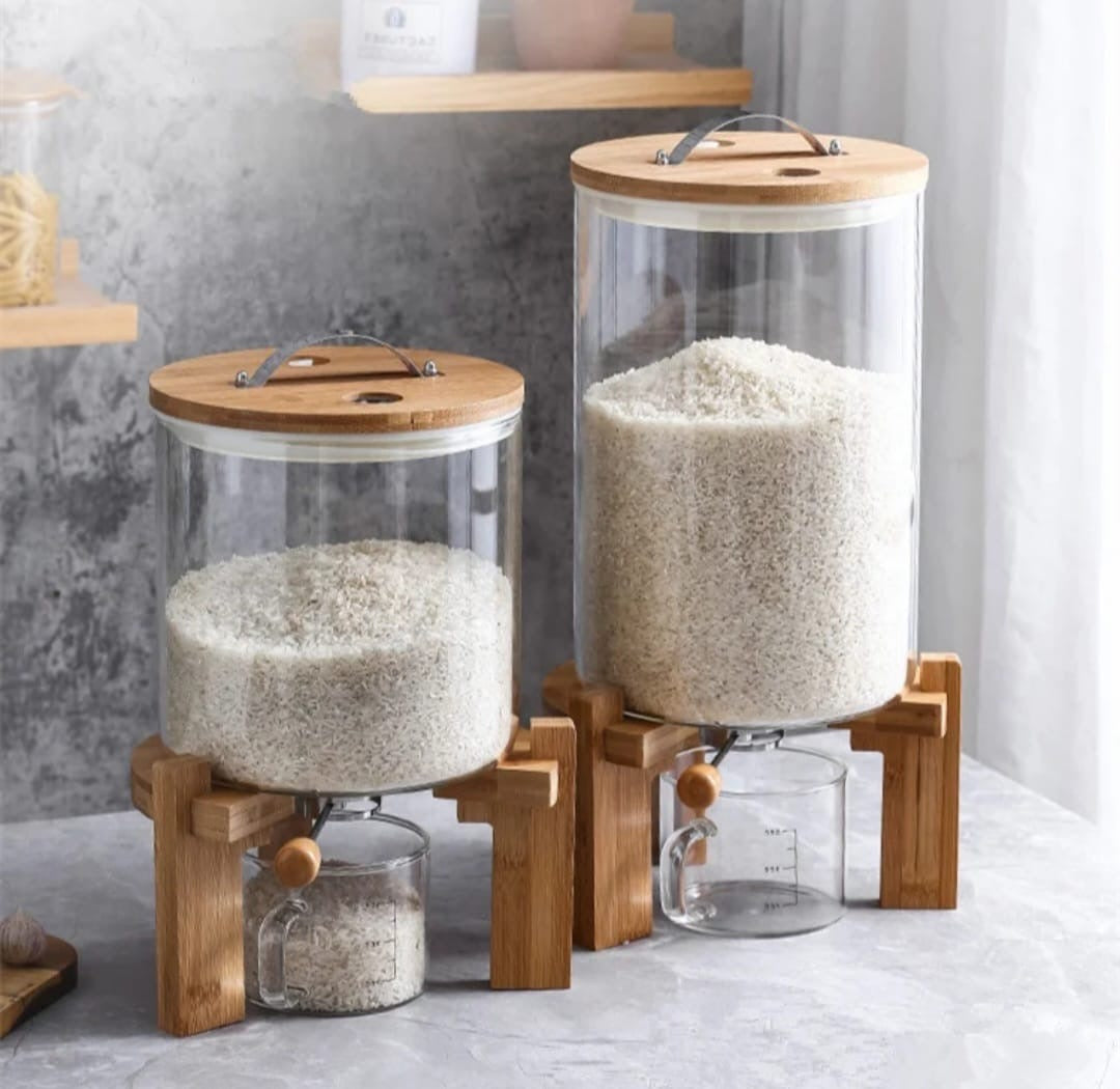 Glass Rice Dispenser, Cereal Container with Bamboo Stand, Large Airtight Food Storage Bin, Rice Organization Tank with Measuring Cup for Grain Coffee Beans Dry Food