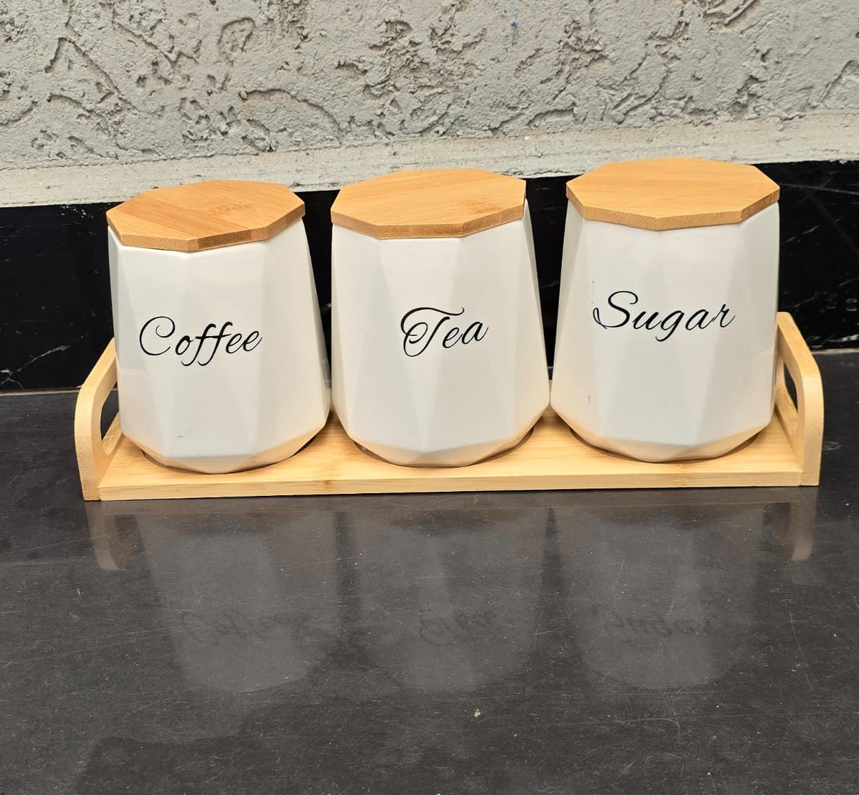 3pcs Ceramic Canisters Set with Bamboo Stand