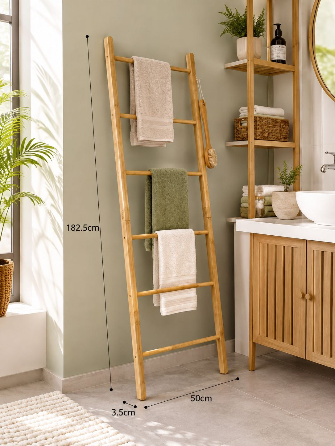 Bathlux Bamboo Ladder Towel Rack, 182.5cm Leaning Towel Ladder with 5 Rungs, No Drilling