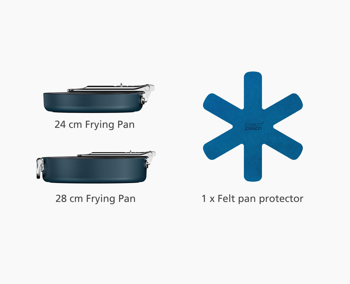 The folded pan set stored in a cupboard to show the space saved