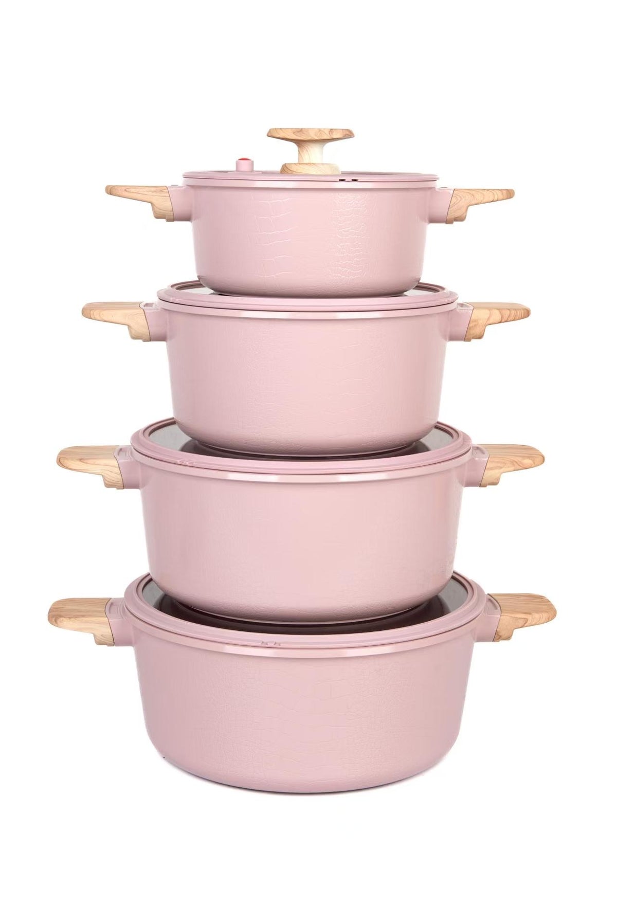 MGC Crocodile 8 piece ceramic casserole set in pink, stacked
