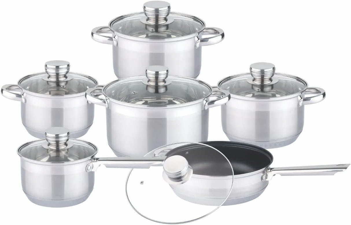Edenberg 12-Piece Stainless Steel Cookware Set with Lids + Non-Stick Deep Fry Pan