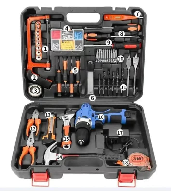 12V Cordless Drill Set Combo Kit,112 Pcs Tool Box Kit for Home,Tool Sets for Men, Basic Tool Kit with Power Drill, with Drill for Garden Office Home Repair Screwdriver Drill Tool Kits