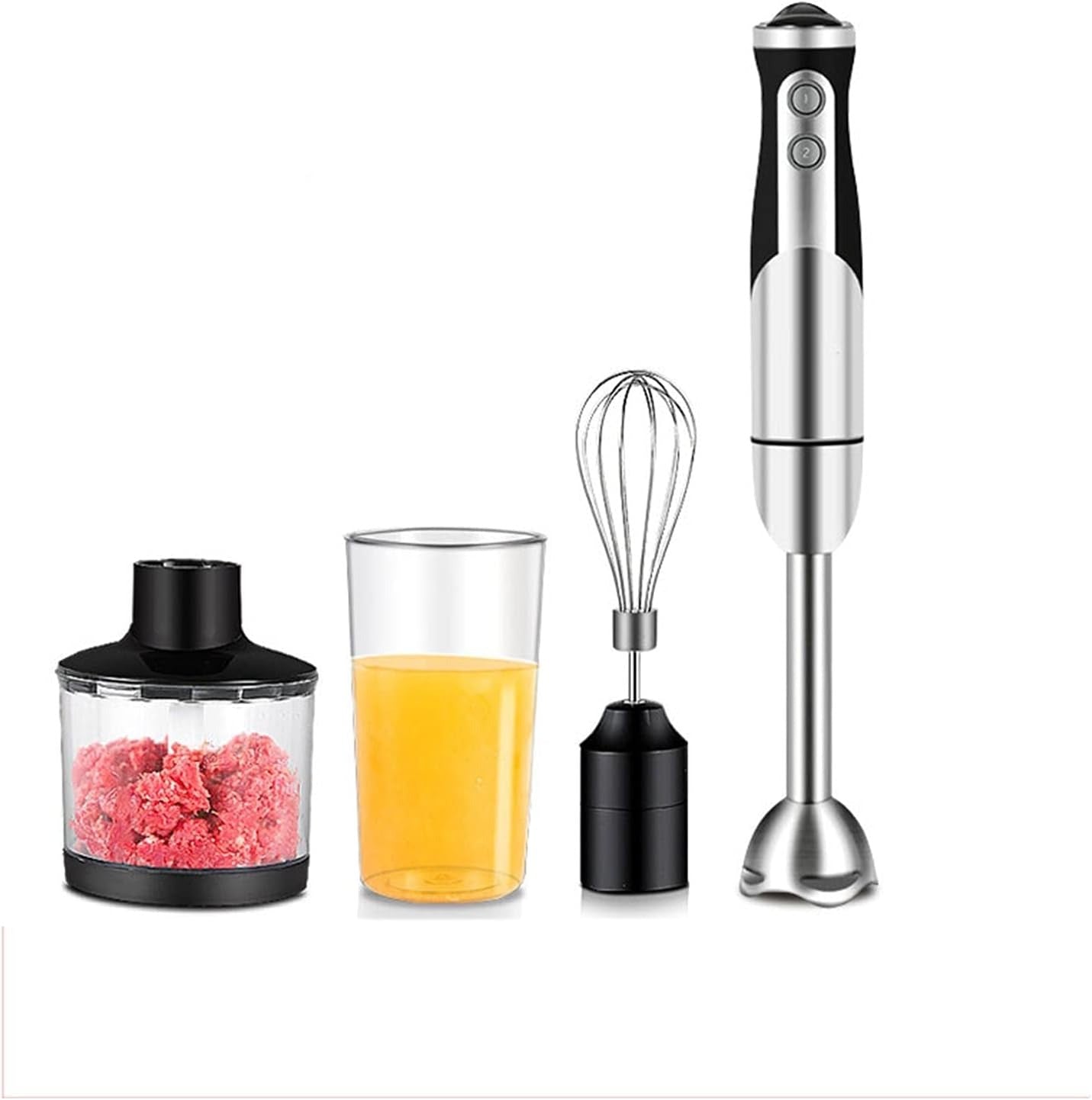Stainless Steel 4-in-1 Multi-function Immersion Hand Blender, Stick Blender with Chopping Bowl, Milk Frother, Egg Whisk, Beaker for Food/Smoothies/Soups, BPA-Free