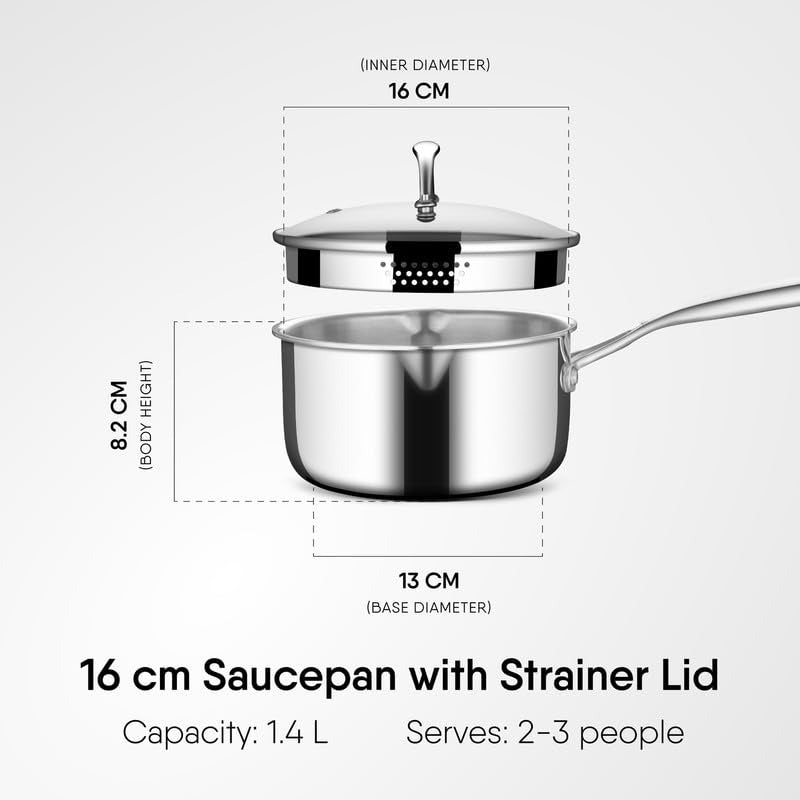Stahl Artisan Triply Stainless Steel Saucepan with Dual Strainer Glass Lid | Easy Pour | Gas & Induction Friendly (16cm/1.5L)