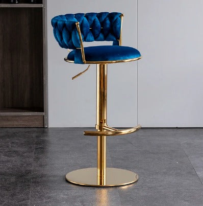 Velvet Swivel Bar Chair with Backrest – Height Adjustable, Gold Legs | Modern Bar Stool
