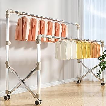 Stainless Steel Laundry Drying Rack With Castors, Extendable Clothing Dryer Rack, Foldable Portable Space Saving Clothes Drying Rack,,With Sock Tray Holder,Double Pole Drying Rack