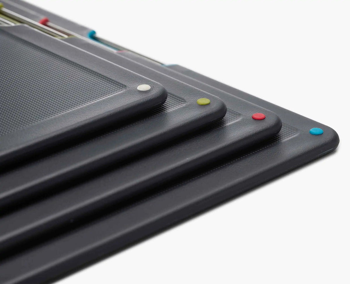 Detail of the textured cutting surface and non-slip feet on one board.