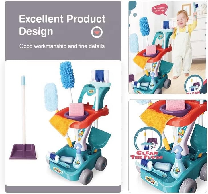Kids Cleaning Play Set broom with cart, brooms, and mop