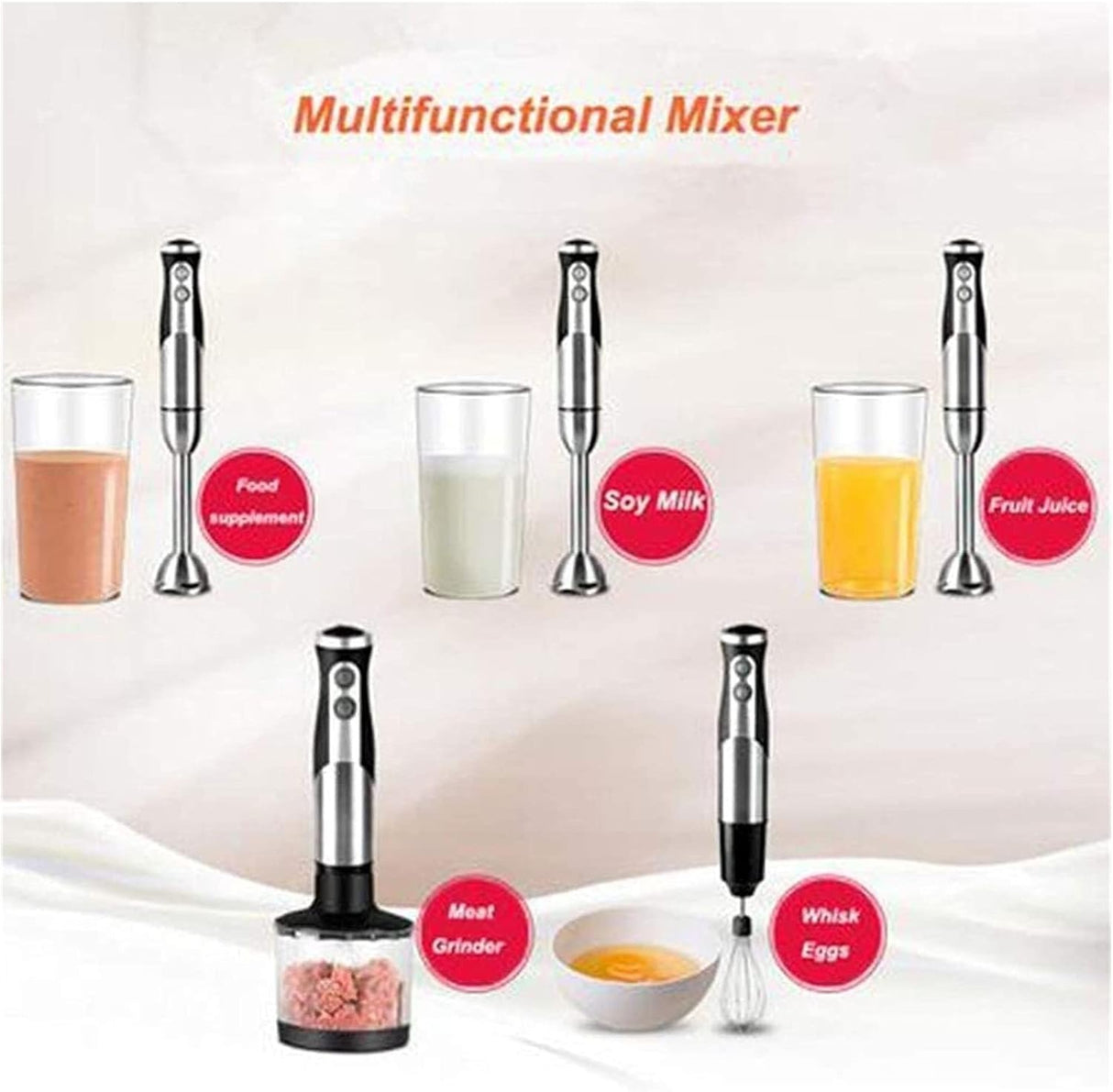 Stainless Steel 4-in-1 Multi-function Immersion Hand Blender, Stick Blender with Chopping Bowl, Milk Frother, Egg Whisk, Beaker for Food/Smoothies/Soups, BPA-Free