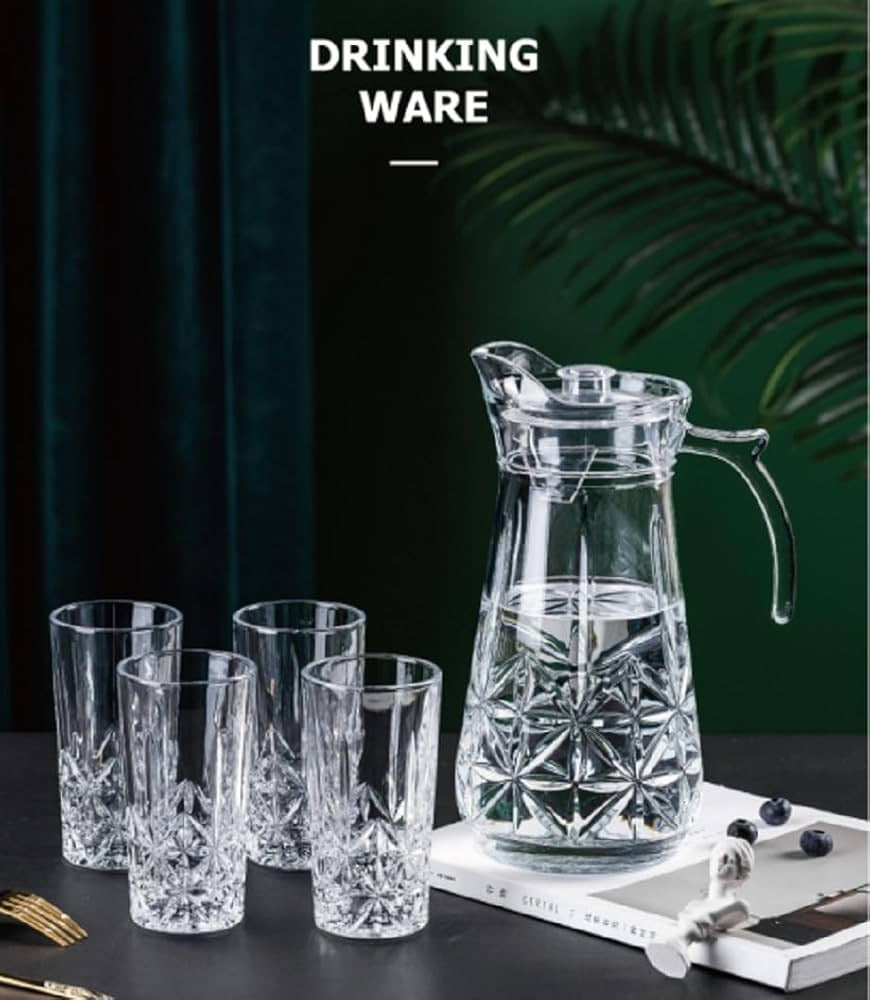 Elegant Crystle Pitcher Drinkware Set w 6 Highball Tumblers, Beautiful Jug with Lid, Handle & Spout for Chilled Beverage Homemade Juice, Iced Tea or Water (7 pc set)
