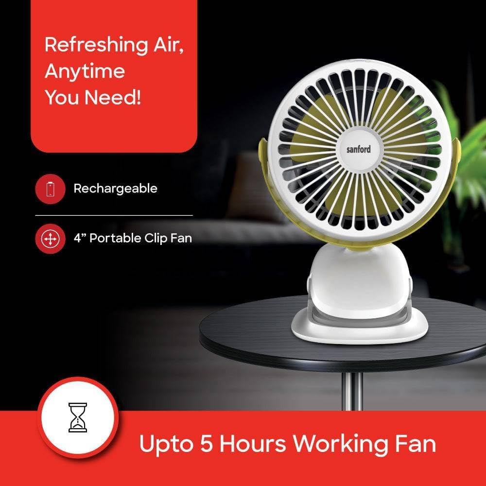 SANFORD Rechargeable Portable Clip Fan – 2000mAh Battery, 5Hr Run Time, 3-Speed, 360° Rotation, Strong Grip Clip, USB Charging