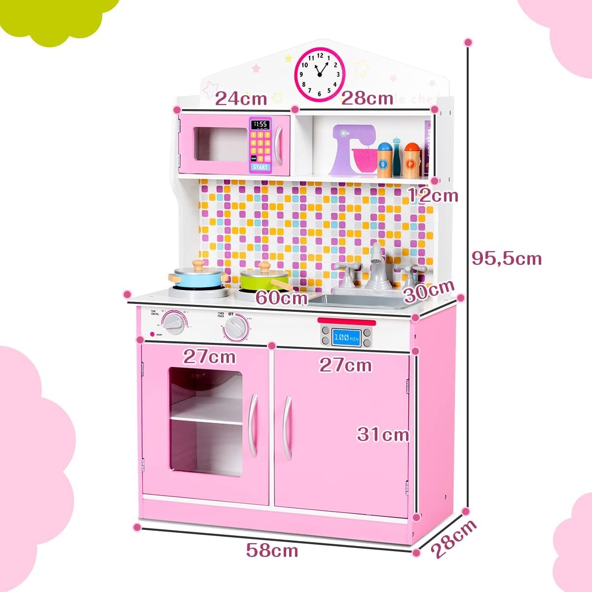 Pretend Play Toy Kitchen Set with Simulation Stove, Microwave Oven and Realistic Sounds, Large Wooden Play Kitchen for Toddlers