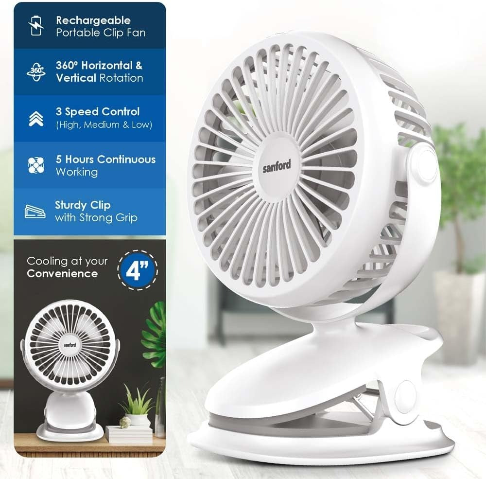 SANFORD Rechargeable Portable Clip Fan – 2000mAh Battery, 5Hr Run Time, 3-Speed, 360° Rotation, Strong Grip Clip, USB Charging