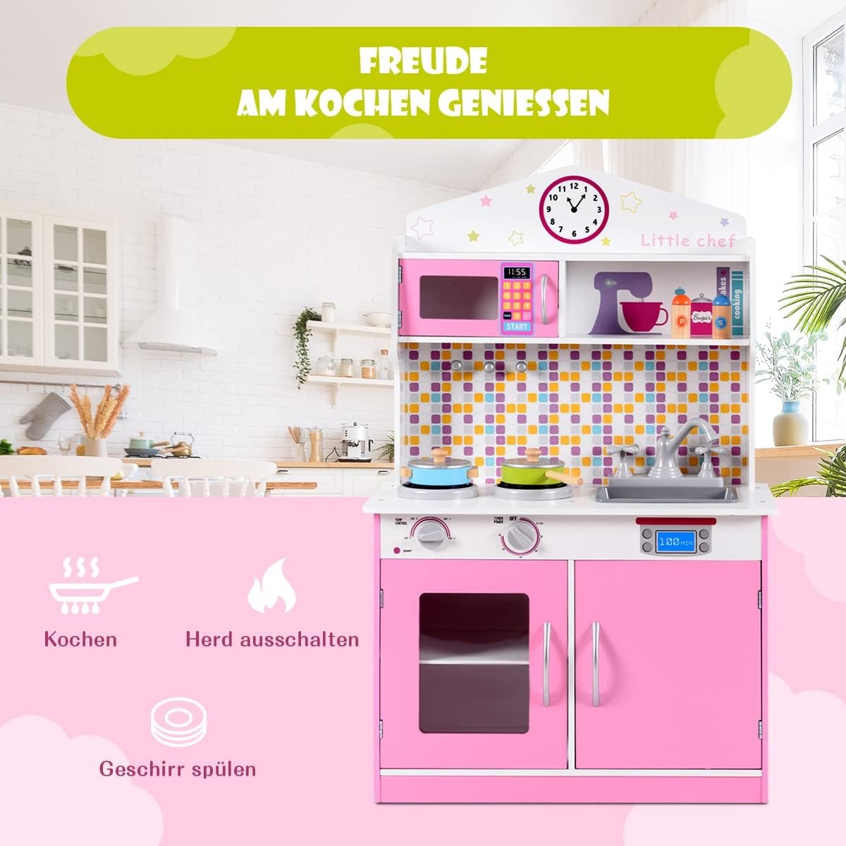 Pretend Play Toy Kitchen Set with Simulation Stove, Microwave Oven and Realistic Sounds, Large Wooden Play Kitchen for Toddlers