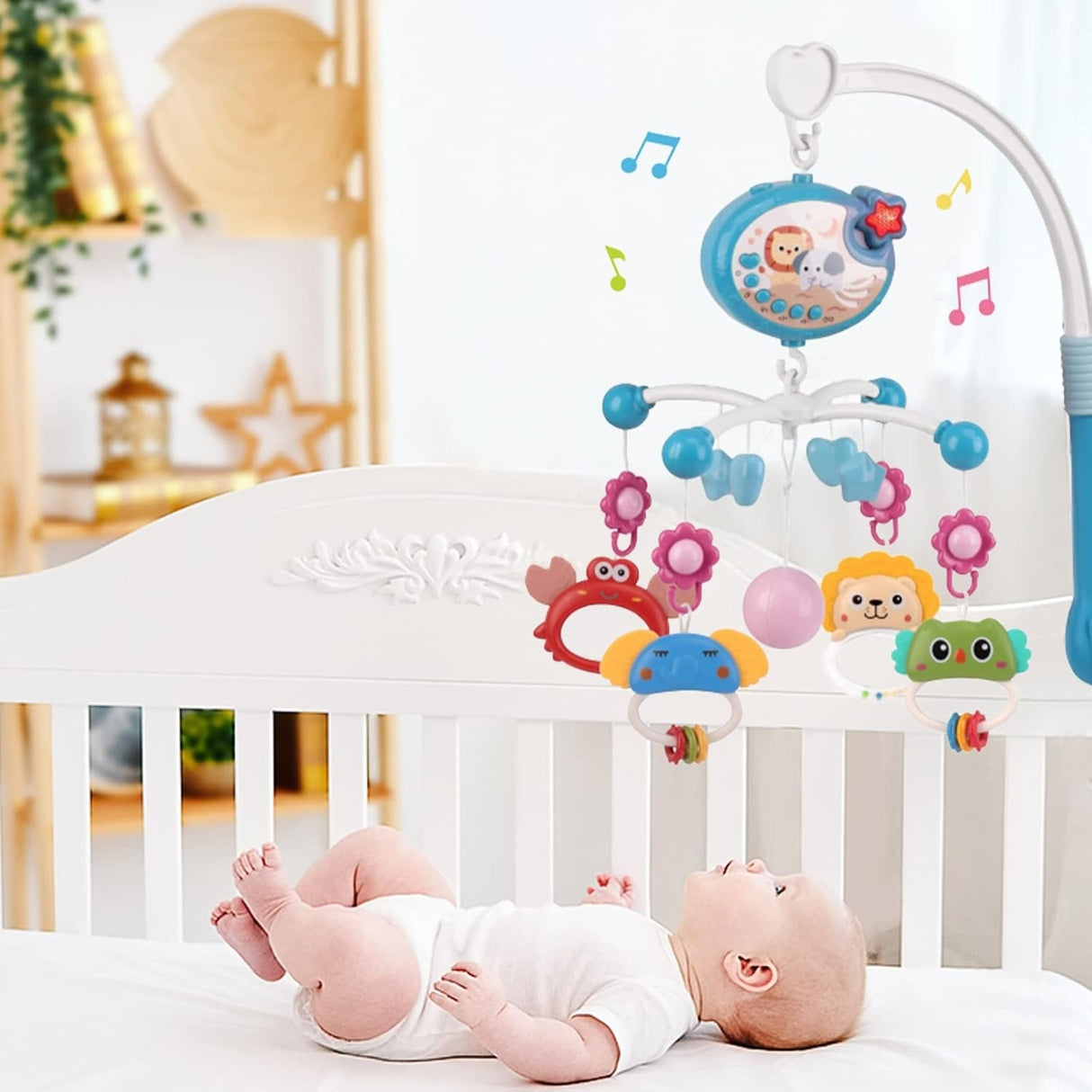 Cot Mobile for Babies, Baby Mobile for Crib, Hanging Projection Mobile with Music Box, Timing Function, Musical Mobile for Baby, Gifts for 0-12 Months Newborn (Blue)