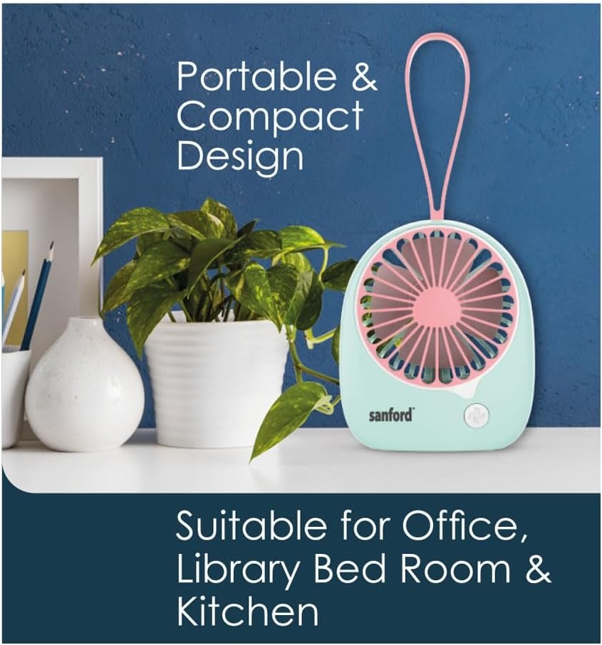 SANFORD Rechargeable Mini Fan USB Powered, 2400mAh Li-ion Battery, 6-Hour Run Time, 3-Speed Quiet Operation, Portable Desktop Fan with Overcharge Protection