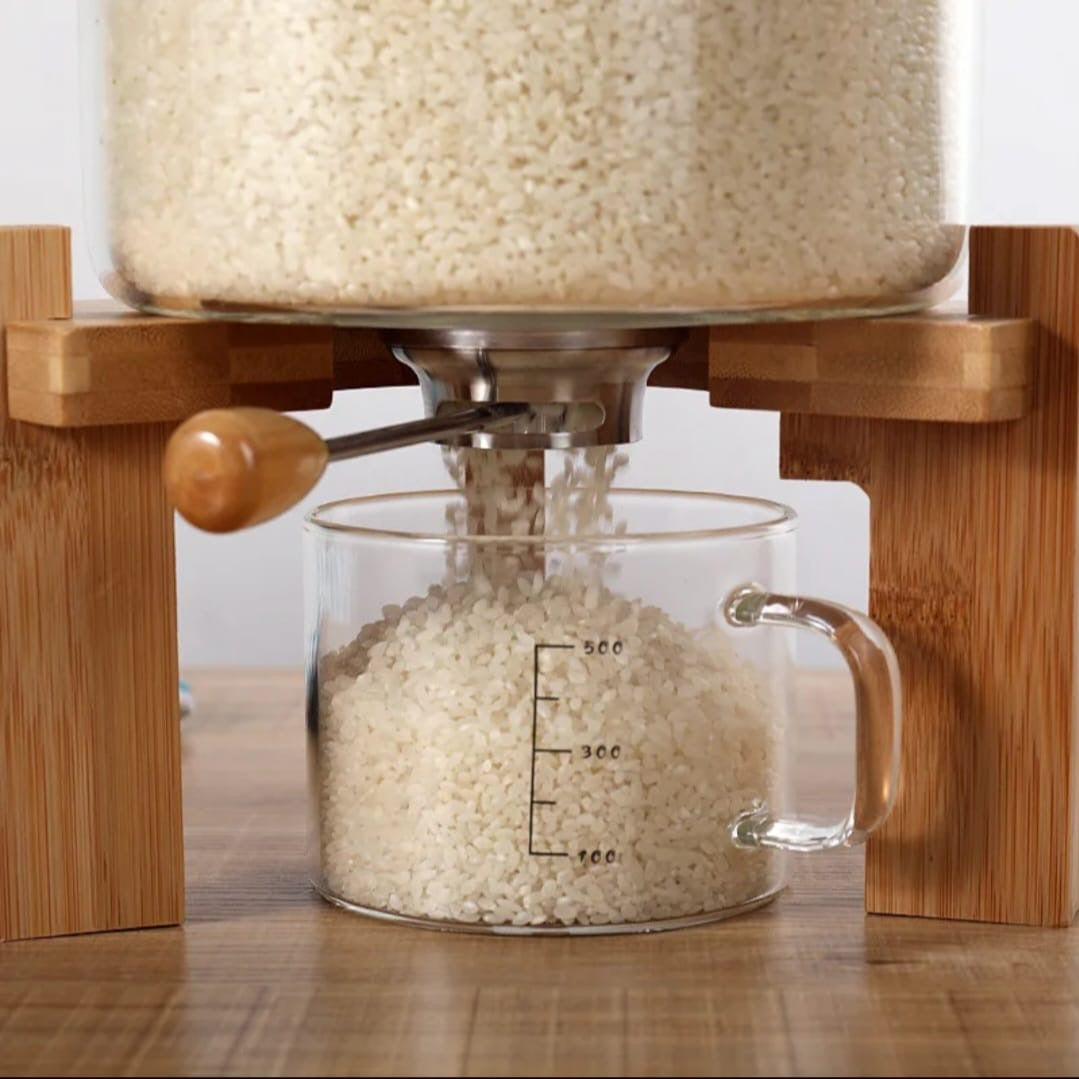 Glass Rice Dispenser, Cereal Container with Bamboo Stand, Large Airtight Food Storage Bin, Rice Organization Tank with Measuring Cup for Grain Coffee Beans Dry Food