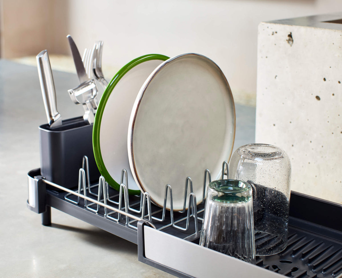 Joseph Joseph Extend Slim Steel dish rack extended with the sliding tray out, Homelux Kenya