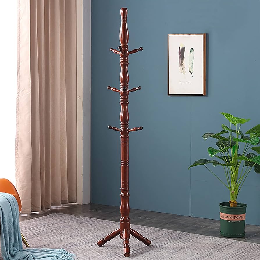 Retro Coat Rack Freestanding,Sturdy Solid Wooden Coat Rack Stand,Adjustable Coat Tree Floor Hanger With 8 Hooks,Coat Hanger Stand For Bedroom