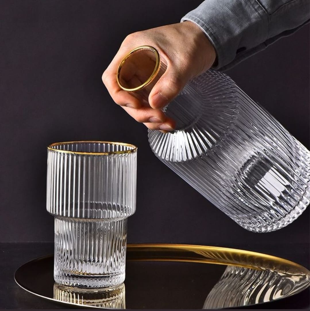 6Pc Ribbed glasses with gold rim and decanter